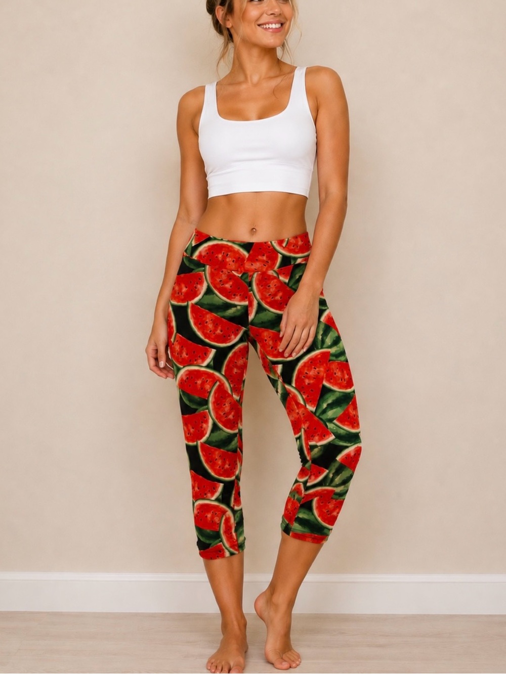 Women’s Watermelon Print Leggings - Red Green
